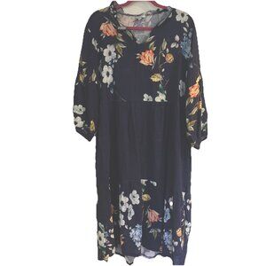Linen Cristina Vergani Blue Floral Summer Dress Large Made In Italy NWOT Pockets